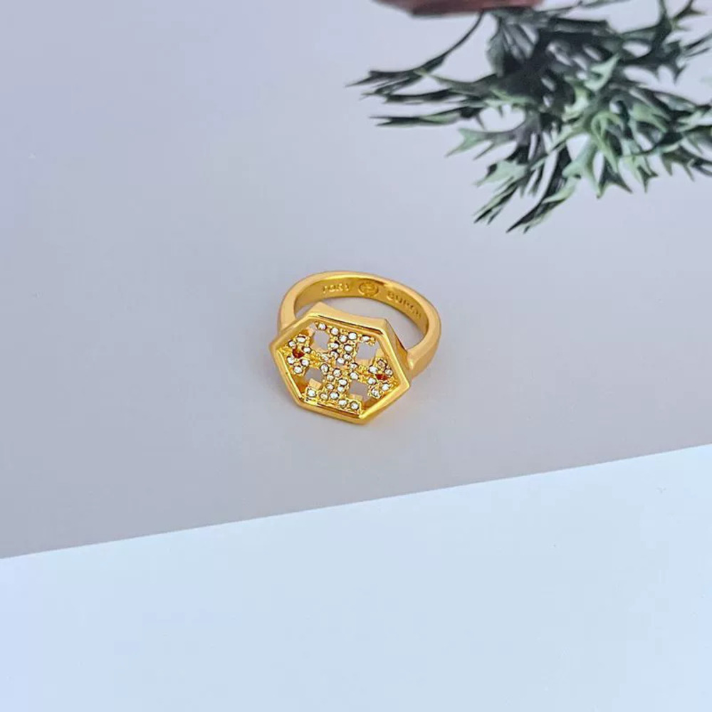 Tory Burch Geometric Hexagon Cutout Rhinestone Letter Ring